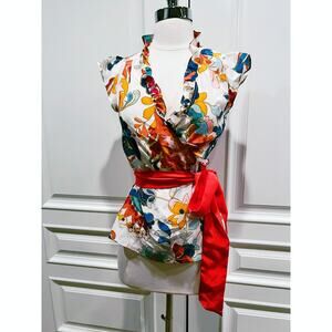 Odille Silk Wrap blouse Sleeveless floral print Belted orange blue size 2 A584